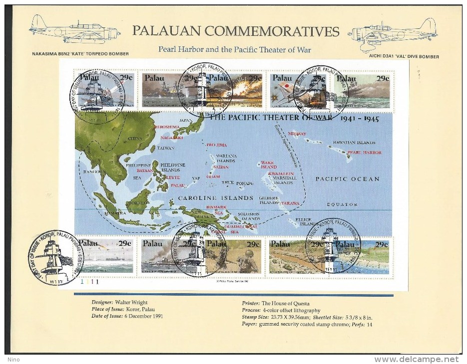 Palau. Scott # 299a-j, Large FDC Sheetlet Of 10. WW II In The Pacific. 1991 - WW2