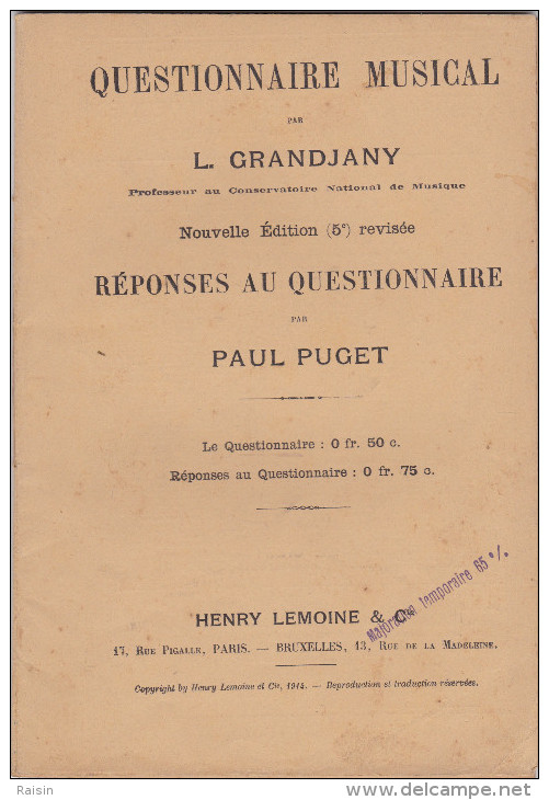 Questionnaire Musical 1914 L.Grandjany Professeur Conservatoire Nat. Musique Et  Réponses Paul Puget Les 2  Livrets TBE - Textbooks