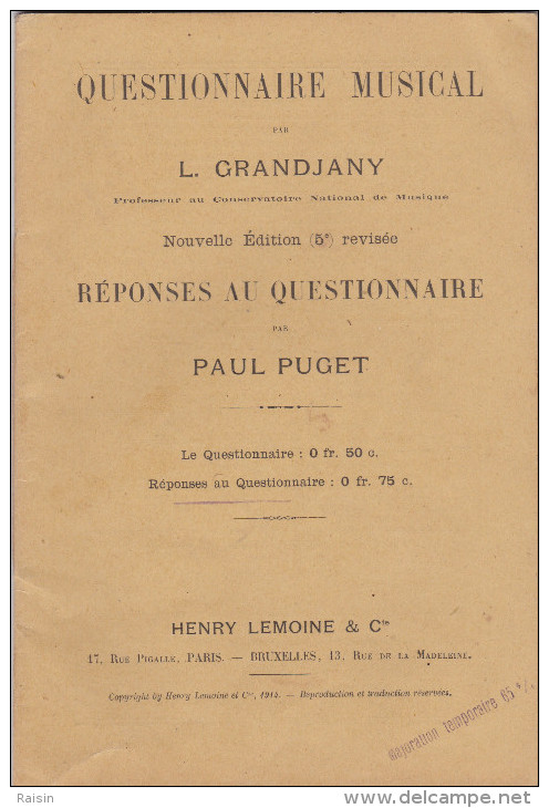 Questionnaire Musical 1914 L.Grandjany Professeur Conservatoire Nat. Musique Et  Réponses Paul Puget Les 2  Livrets TBE - Etude & Enseignement