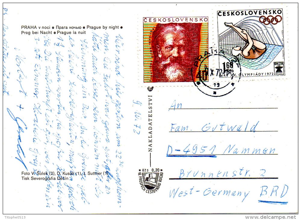 TCHECOSLOVAQUIE. N°1912 De 1972 Sur Carte Postale Ayant Circulé. Plongeon/J.O. De Munich. - Tuffi