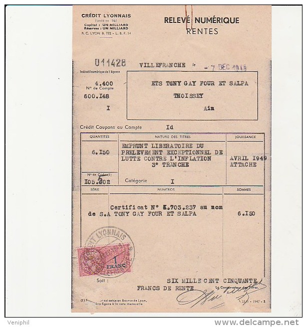 TIMBRE FISCAL 1 FRANC SUR RELEVE NUMERIQUE RENTES - ADRESSE ETS TONY GAY ET SALPA -THOISSEY -AIN - 1948 - Autres & Non Classés