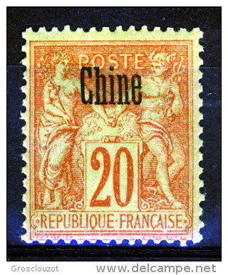 Cina 1894-1900 Tipi Di Francia Del 1876-98 Sovrastampati  N. 7 C. 20 Rosso Mattone Su Verde MH Catalogo € 8,60 - Altri & Non Classificati