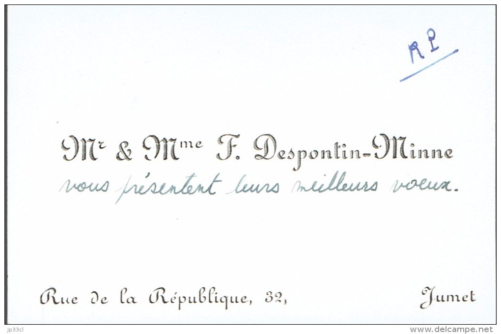 Ancienne Carte De Visite De M. Et Mme Francis Despontin Minne, Rue De La République, Jumet (vers 1970) - Visitenkarten