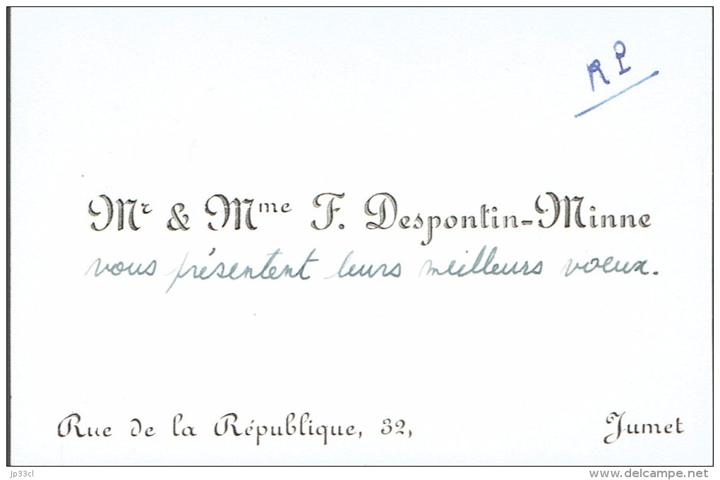 Ancienne Carte De Visite De M. Et Mme Francis Despontin Minne, Rue De La République, Jumet (vers 1970) - Cartes De Visite