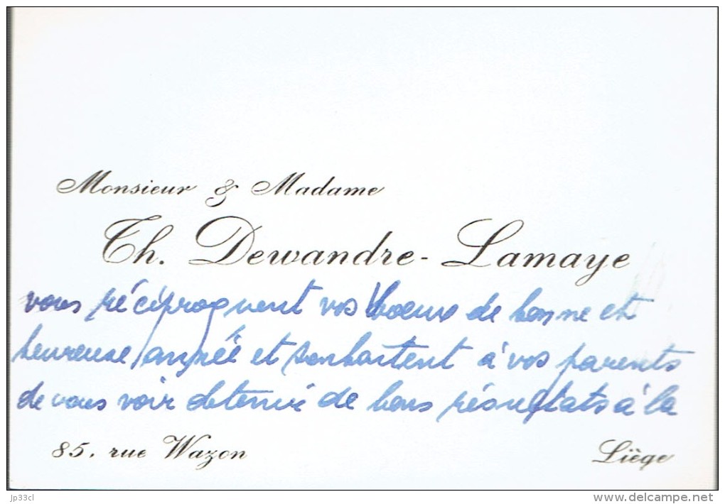 Ancienne Carte De Visite De M. Et Mme Th. Dewandre Lamaye, Rue Wazon, Liège (vers 1970) - Visiting Cards