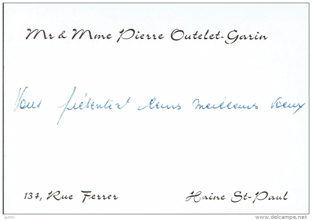 Ancienne Carte De Visite De M. Et Mme Pierre Outelet Garin, Rue Ferrer, Haine St Paul (vers 1970) - Visiting Cards