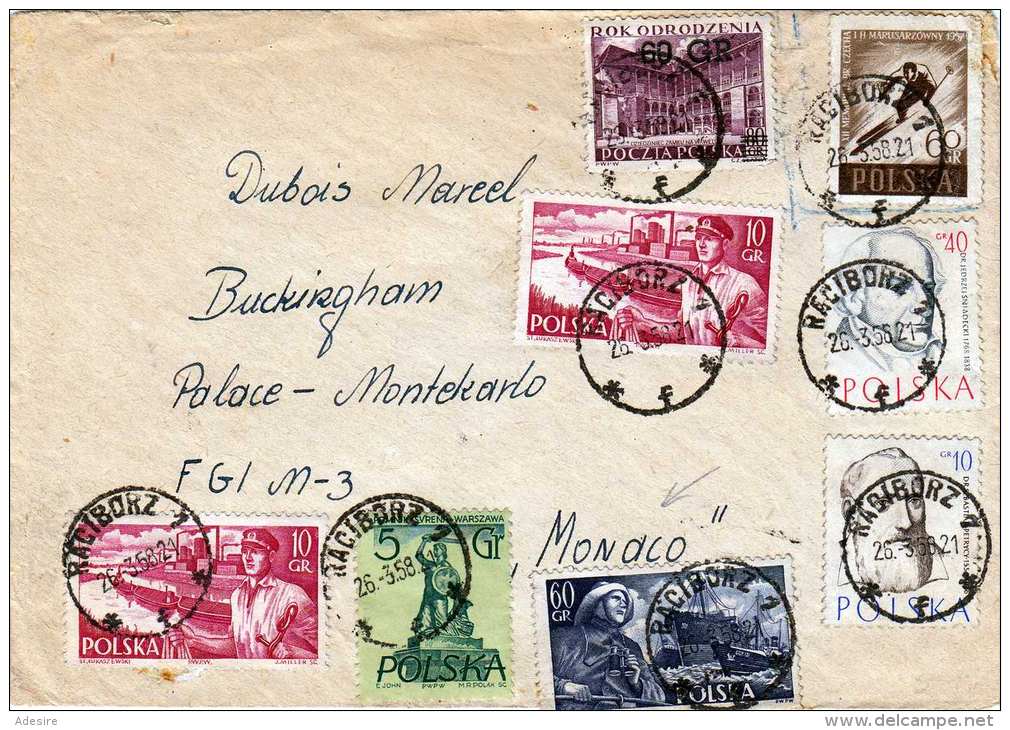 POLEN 1958 - 8 Fach Frankatur Auf Brief Gel.v.Raciborz > Monaco - Briefe U. Dokumente