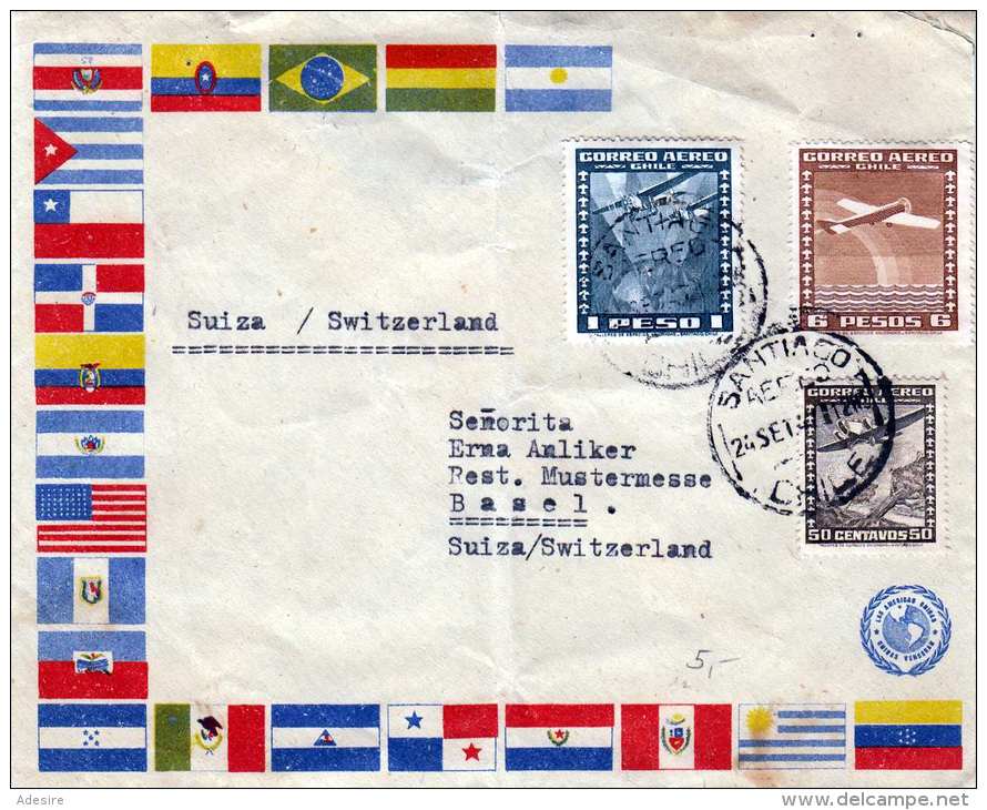 CHILE Flugpostbrief 1941 - 3 Fach Frankierung Auf FP-Brief Gel.v. Santiago > Basel - Chile