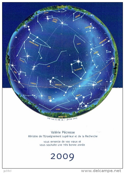 Voeux 2009 De Valérie Pécresse Ministre 'Enseignement Avec Carte Du Ciel Au 1/1/2009 + Enveloppe Et EMA Du Ministère - Uomini Politici E Militari