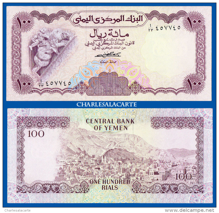 1976 YEMEN 100 RIALS  GRIFFIN STATUE VIEW OF TA'IZZ SIGNATURE 5  KRAUSE 16a  SUPERB UNC. CONDITION - Yémen