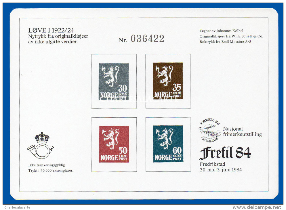 NORWAY 1984  FREFIL 84 PUBLICITY CARD  REPRINT LION STAMPS  EXCELLENT CONDITION - Proofs & Reprints