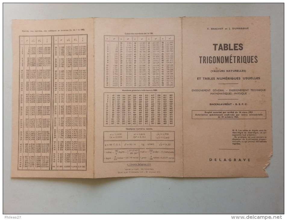 TABLES  TRIGONOMETRIQUES  -  Brachet & Dumarqué  -  éditions Delagrave - 18 Ans Et Plus