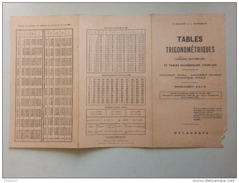 TABLES  TRIGONOMETRIQUES  -  Brachet & Dumarqué  -  éditions Delagrave - 18+ Years Old