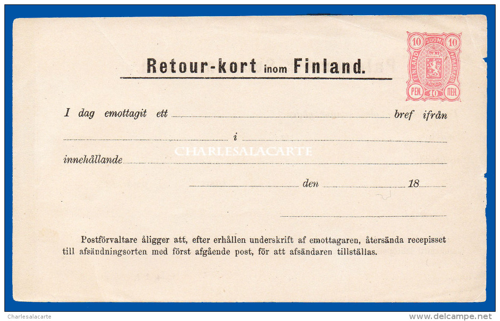 FINLAND 1885 POST OFFICE RETURN RECEIPT RETOUR-KORT 10 PENNI PINK HIGGINS & GAGE W6 UNUSED FINE CONDITION - Entiers Postaux