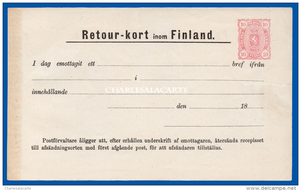 FINLAND 1890 POST OFFICE RETURN RECEIPT RETOUR-KORT 10 PENNI PINK HIGGINS & GAGE W7 UNUSED FINE CONDITION - Postal Stationery