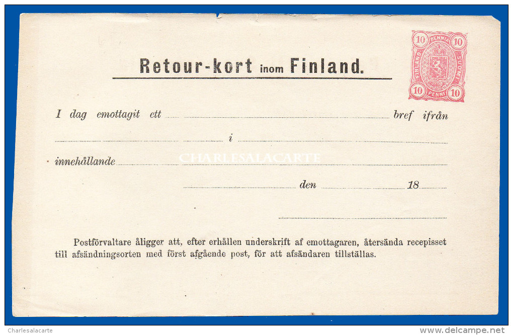 FINLAND 1890 POST OFFICE RETURN RECEIPT RETOUR-KORT 10 PENNI PINK HIGGINS & GAGE W7 UNUSED AVERAGE CONDITION - Entiers Postaux