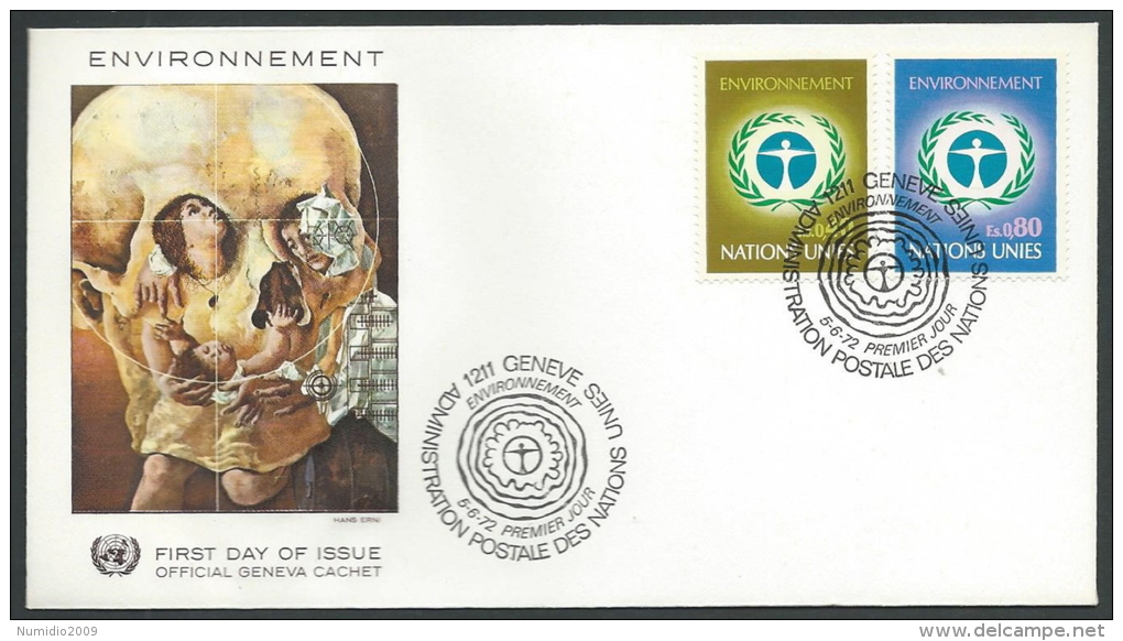 1972 NAZIONI UNITE ONU GINEVRA FDC AMBIENTE NO TIMBRO ARRIVO - V4 - UNO