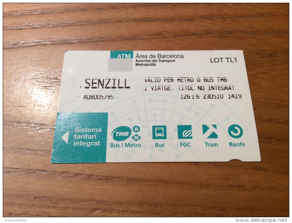 Ticket De Métro B.SENZILL, ATM Barcelone (Espagne) (type 3 - LOT TL1) - Europa