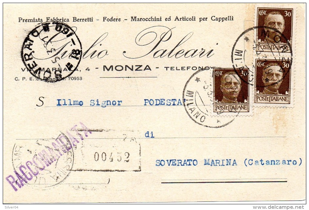 Cartolina Postale Pubblicitaria Commerciale 1931 Monza - Raccomandata -fabbr. Berretti Paleari - Storia Postale