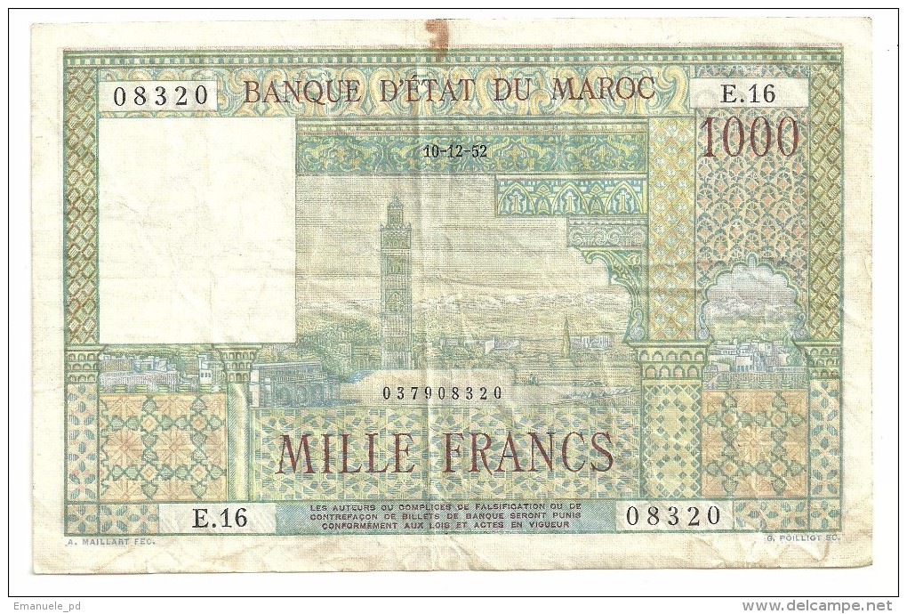 Morocco 1000 Francs 10/12/1952 - Marruecos