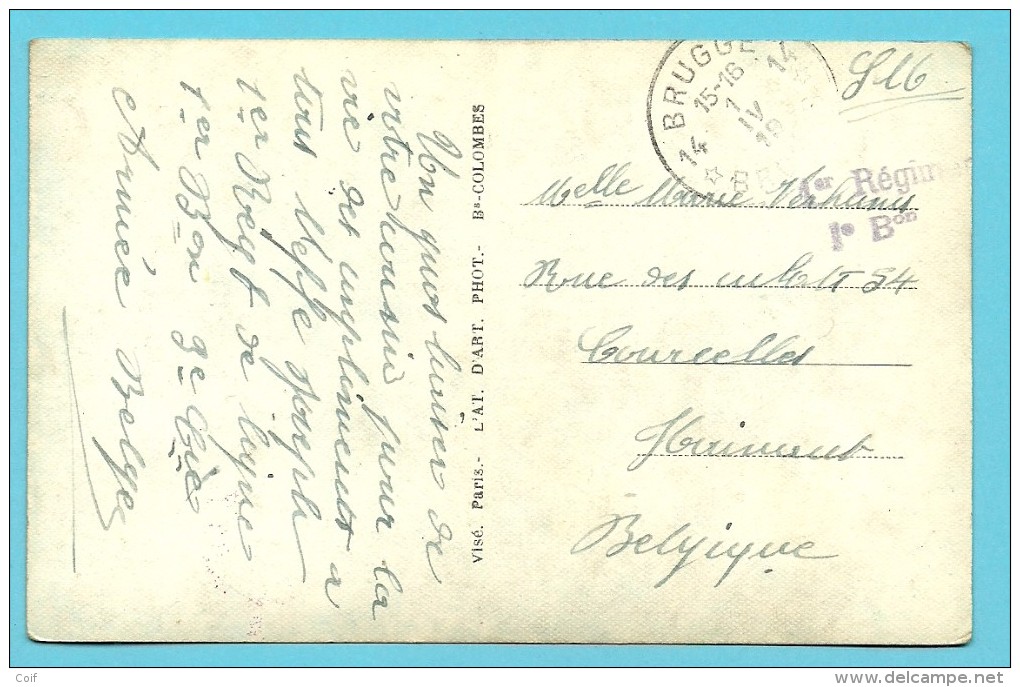 Kaart Met Postagentschapstempel (Agence) * BRUGGE 14 * Op 1/4/19 , Met Stempel 1° Rérgim. / 1° Bon - Legerstempels