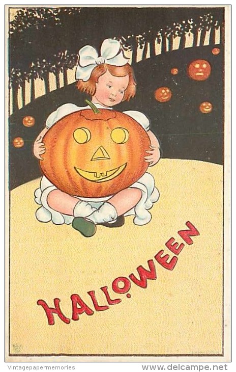 241435-Halloween, Stecher No 57 C, Girl Holding Smiling Jack O Lantern, James E Pitts, Embossed Litho - Halloween