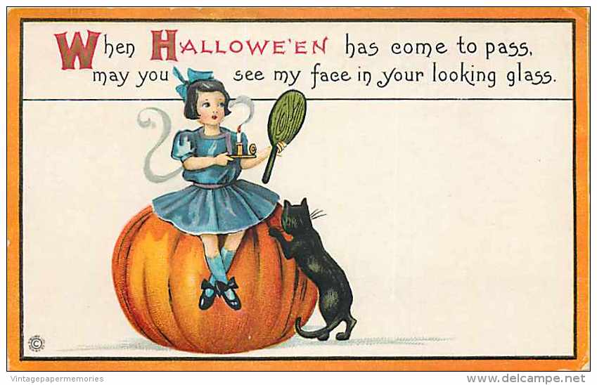 241449-Halloween, Stecher No 63 A, Girl Sitting On Large Pumpkin Holding Mirror, Black Cat, James E Pitts,Embossed Litho - Halloween