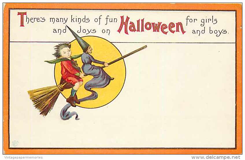241453-Halloween, Stecher No 63 C, Boy Riding With Witch On A Broom, James E Pitts, Embossed Litho - Halloween