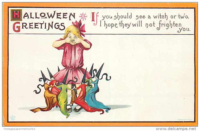 241457-Halloween, Stecher No 63 D, Little Witches Dancing Around A Girl Hiding Her Eyes, James E Pitts, Embossed Litho - Halloween