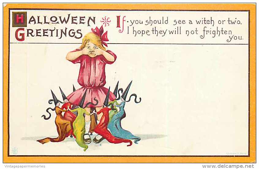 241459-Halloween, Stecher No 63 D, Little Witches Dancing Around A Girl Hiding Her Eyes, James E Pitts, Embossed Litho - Halloween