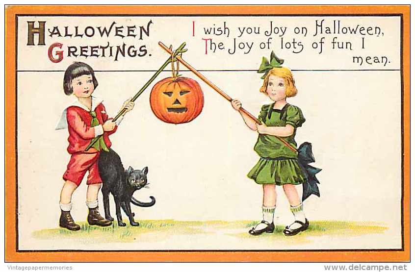 241463-Halloween, Stecher No 63 E, Boy & Girl With JOL On Sticks, Black Cat, James E Pitts, Embossed Litho - Halloween
