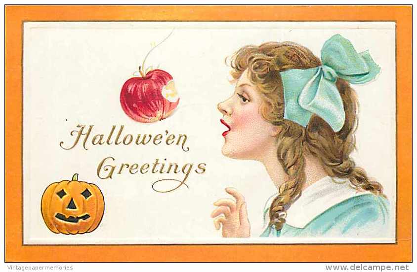 241469-Halloween, Stecher No 80 A, Girl Biting An Apple On A String, Embossed Litho - Halloween