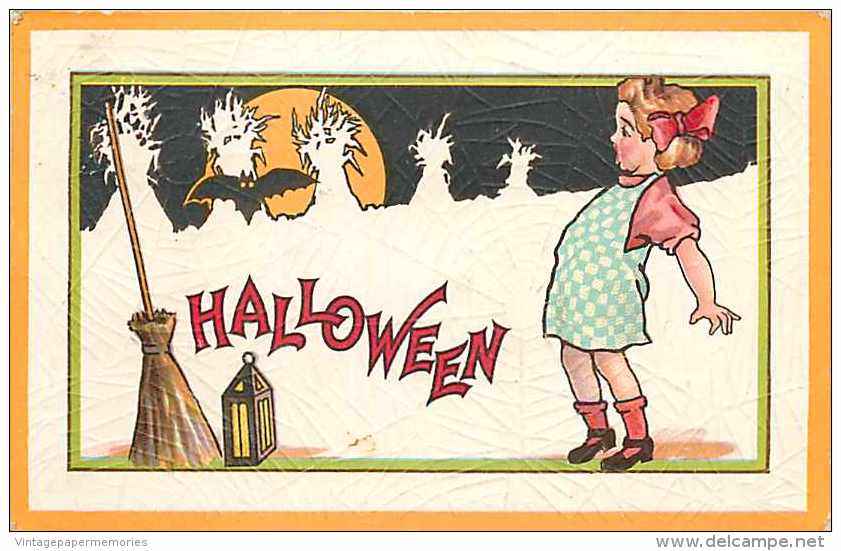 241481-Halloween, Stecher No 90 A, Bat  Rising Up From Broom & Lantern Frightens Young Girl - Halloween