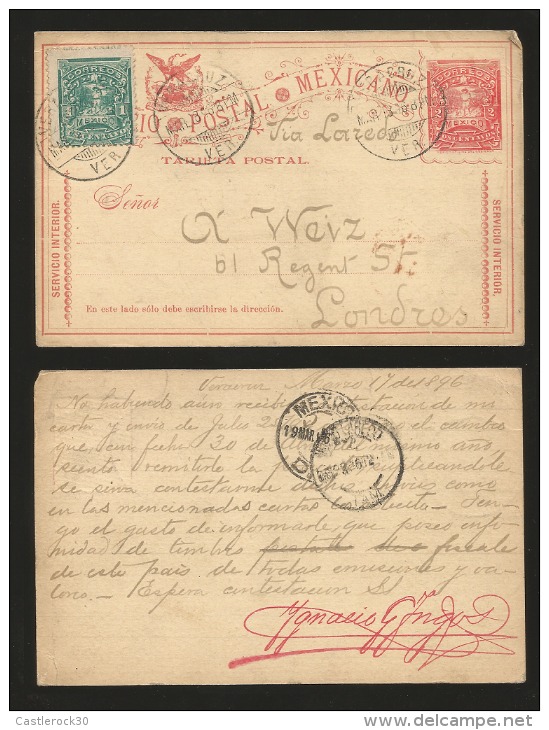 G)1895 MEXICO, COAT OF ARMS-MULITAS 2 CTS., POSTAL STATIONARY, 1CT. MULITAS, CIRCULATED TO LONDON, GB, XF - Messico