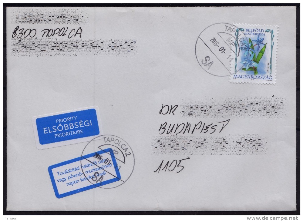 2016 - Hungary - Delayed LABEL + Priority LABEL Envelope / Letter - DEBRECEN / BUDAPEST - Used - Flower Inland Stamp - Brieven En Documenten