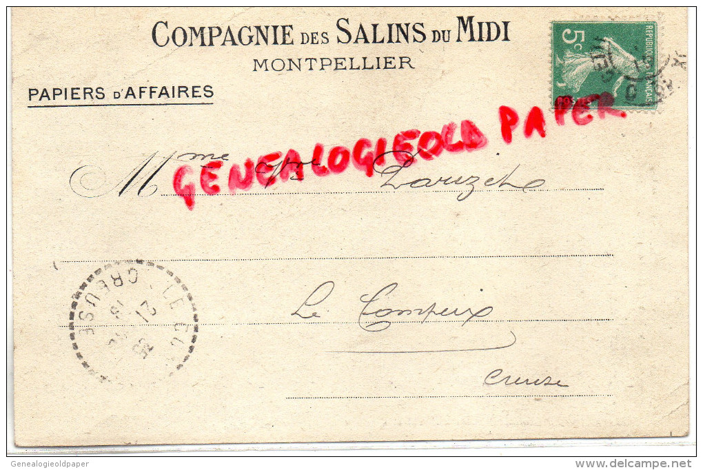 34 - MONTPELLIER - COMPAGNIE DES SALINS DU MIDI - 1919- A LE COMPEIX 23-MME PARIZET  CREUSE - RARE - Montpellier