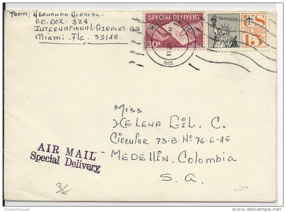 1965 - USA - ENVELOPPE Par EXPRES (AIRMAIL SPECIAL DELIVERY) De MIAMI Pour MEDELLIN (COLOMBIE) - Postal History