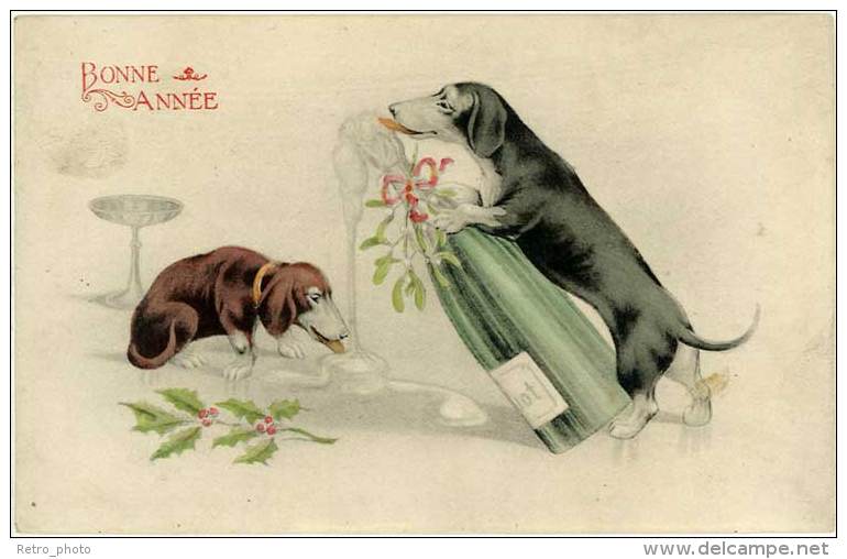 Bonne Année, Chiens Teckel, Champagne – Eld ( AN ) - Hunde