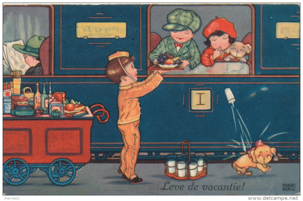 ENFANTS - DOG -  Jolie Carte Fantaisie Enfants Dans Train Et Chien "Leve De Vacantie ! " Signée MARGRET BORISS - Boriss, Margret