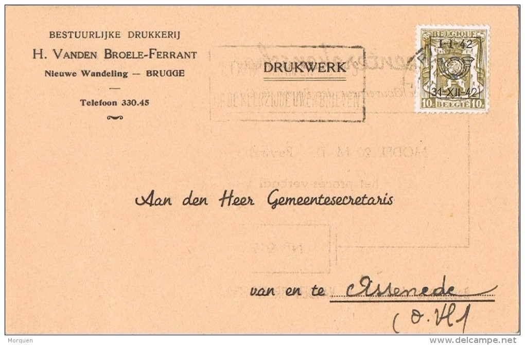 16405. Tarjeta Privada Preobliterado  BRUGGE (Belgien) 1942. Roulotte.Vanden Broele Ferrant - Rolstempels 1900-09