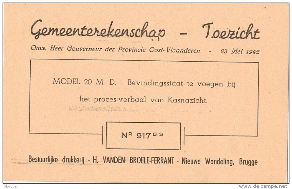 16405. Tarjeta Privada Preobliterado  BRUGGE (Belgien) 1942. Roulotte.Vanden Broele Ferrant - Rolstempels 1900-09