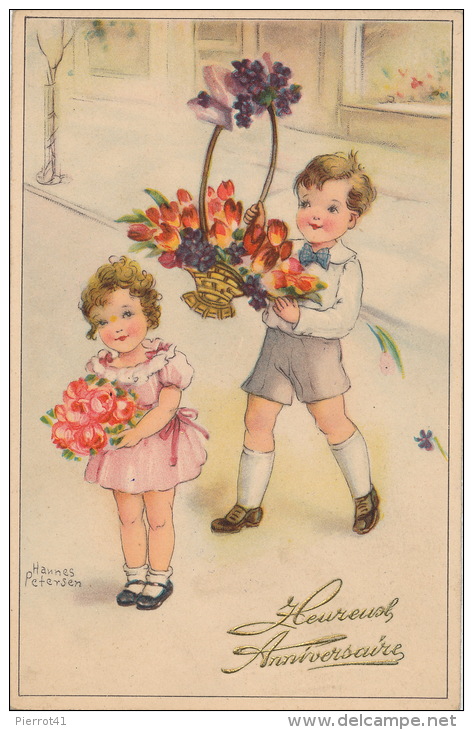 ENFANTS - Jolie Carte Fantaisie Enfants Avec Fleurs "Heureux Anniversaire " Signée HANNES PETERSEN - Petersen, Hannes