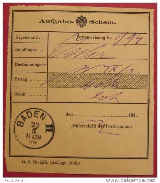 2500 Baden 2 - Aufgabeschein Für Eine Postanweisung Nach Wien 1900 - Maschinenstempel (EMA)