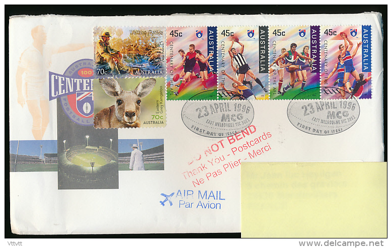 Lettre Australie-France, Centenaire Of The Australian Football Ligue, Cachet 23 April 1996 Air Mail, Mention Do Not Bend - Marcophilie