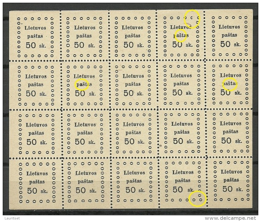 LITAUEN Lithuania 1919 Michel 18 Kaunas Issue Complete Sheet MNH Incl ERRORS - Litauen