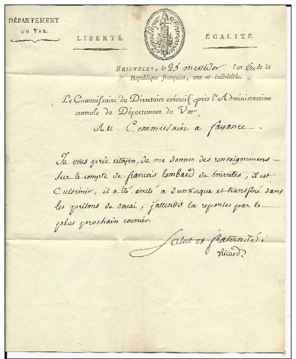 VAR - AN 6 - LETTRE Du COMMISSAIRE Du DIRECTOIRE à BRIGNOLES Avec MARQUE LINEAIRE RARE - 1701-1800: Precursori XVIII