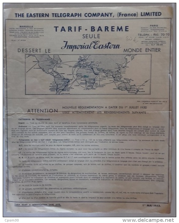 Tarif-Barème Seule Imperial-Eastern Dessert Le Monde Entier - Mai 1952 (bateau) - Welt