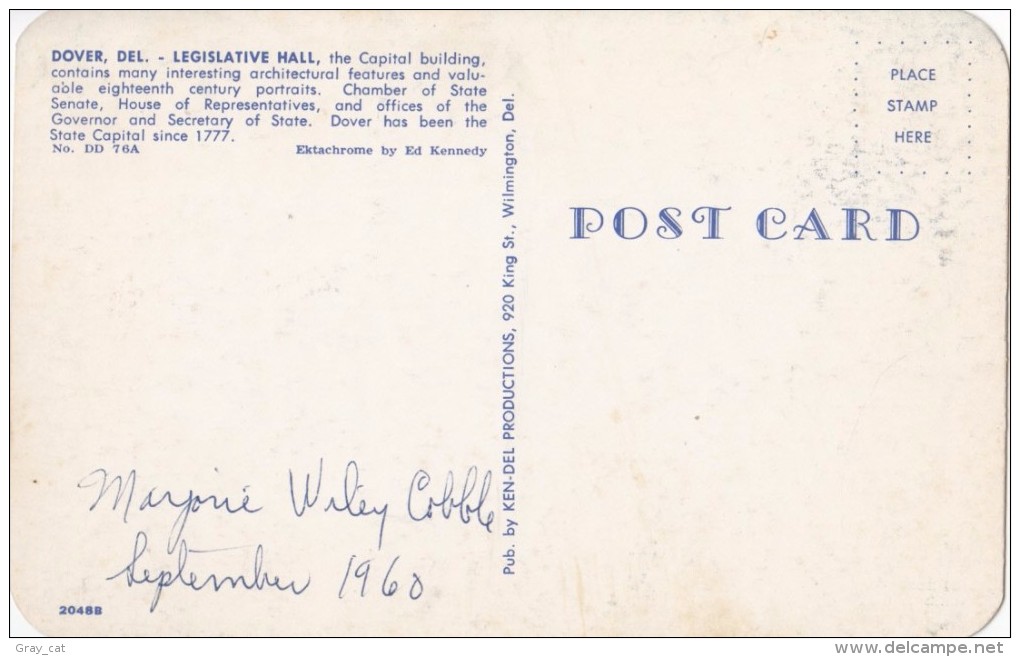 USA, Dover, Del, Legislative Hall, 1960 Used, Not Posted Postcard [16337] - Dover