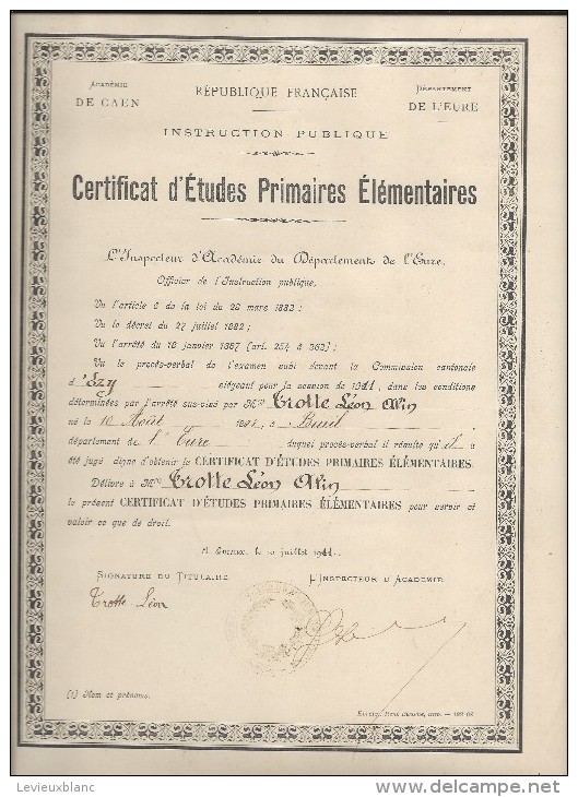 Certificat D´Etudes Primaires Elémentaires/Acad. De Caen/Dépt De L´Eure/EZY/Trotte Léon/1911   DIP35 - Diploma's En Schoolrapporten