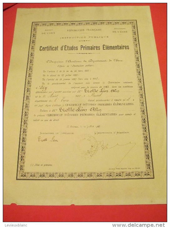 Certificat D´Etudes Primaires Elémentaires/Acad. De Caen/Dépt De L´Eure/EZY/Trotte Léon/1911   DIP35 - Diploma & School Reports